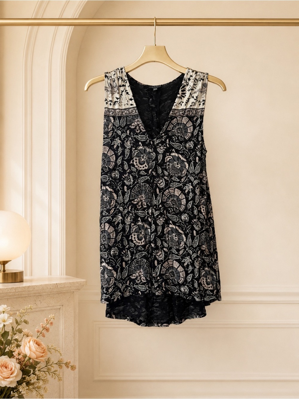 Lucky Brand Black Cream Floral Lace Back High Low Tank Top XS